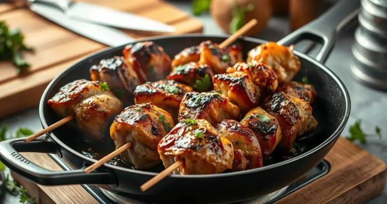 como fazer espetinho de frango na frigideira